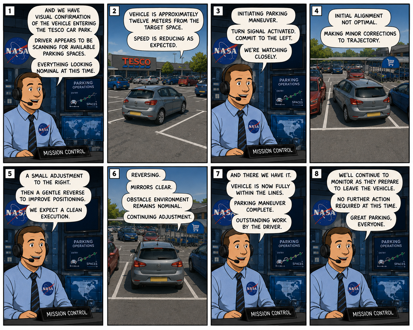 Comic imagining NASA mission control narrating a supermarket parking manoeuvre